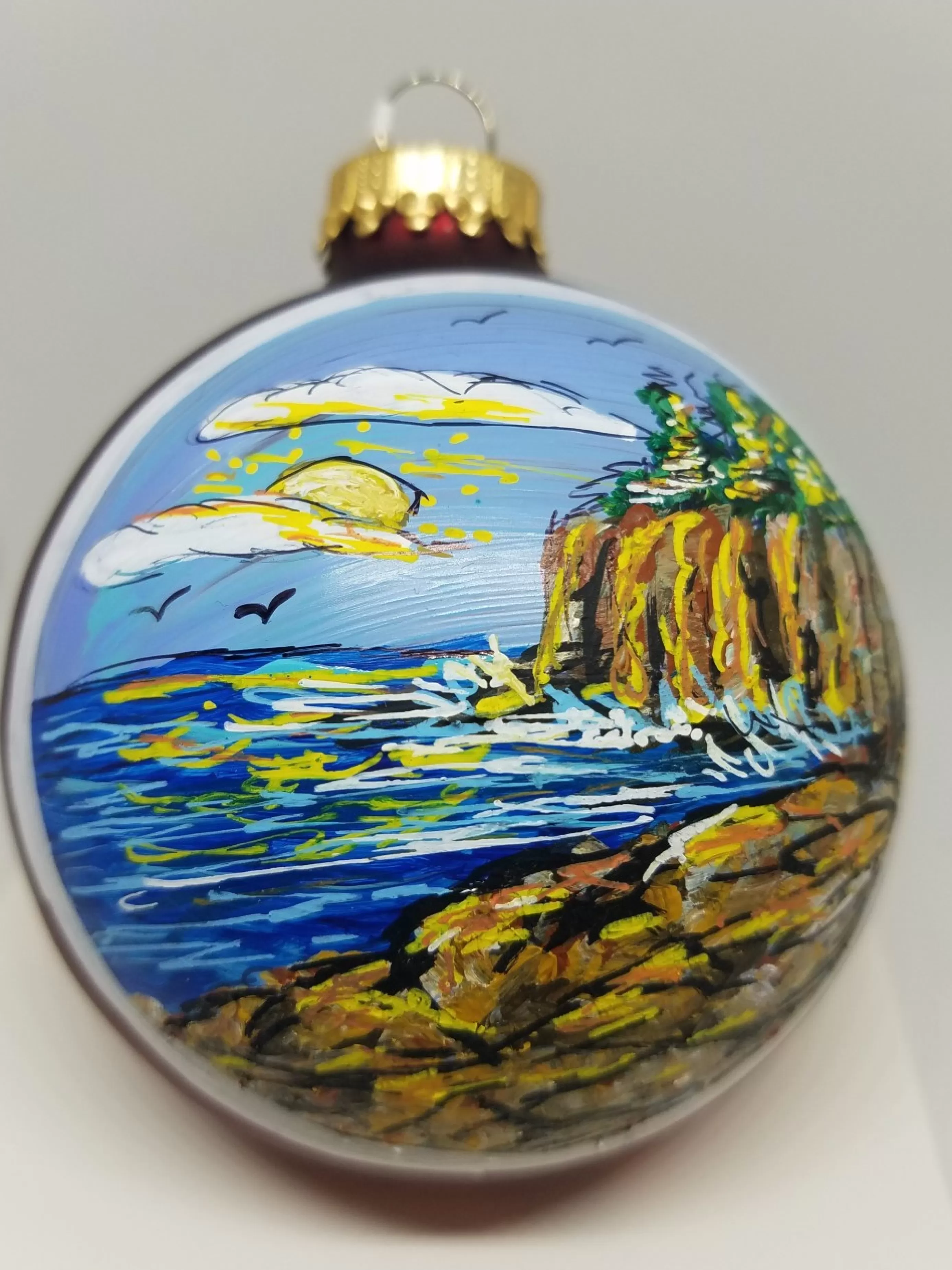 Christmas Vacation Ornaments<Otter Cliffs Acadia Painted Glass Ornament