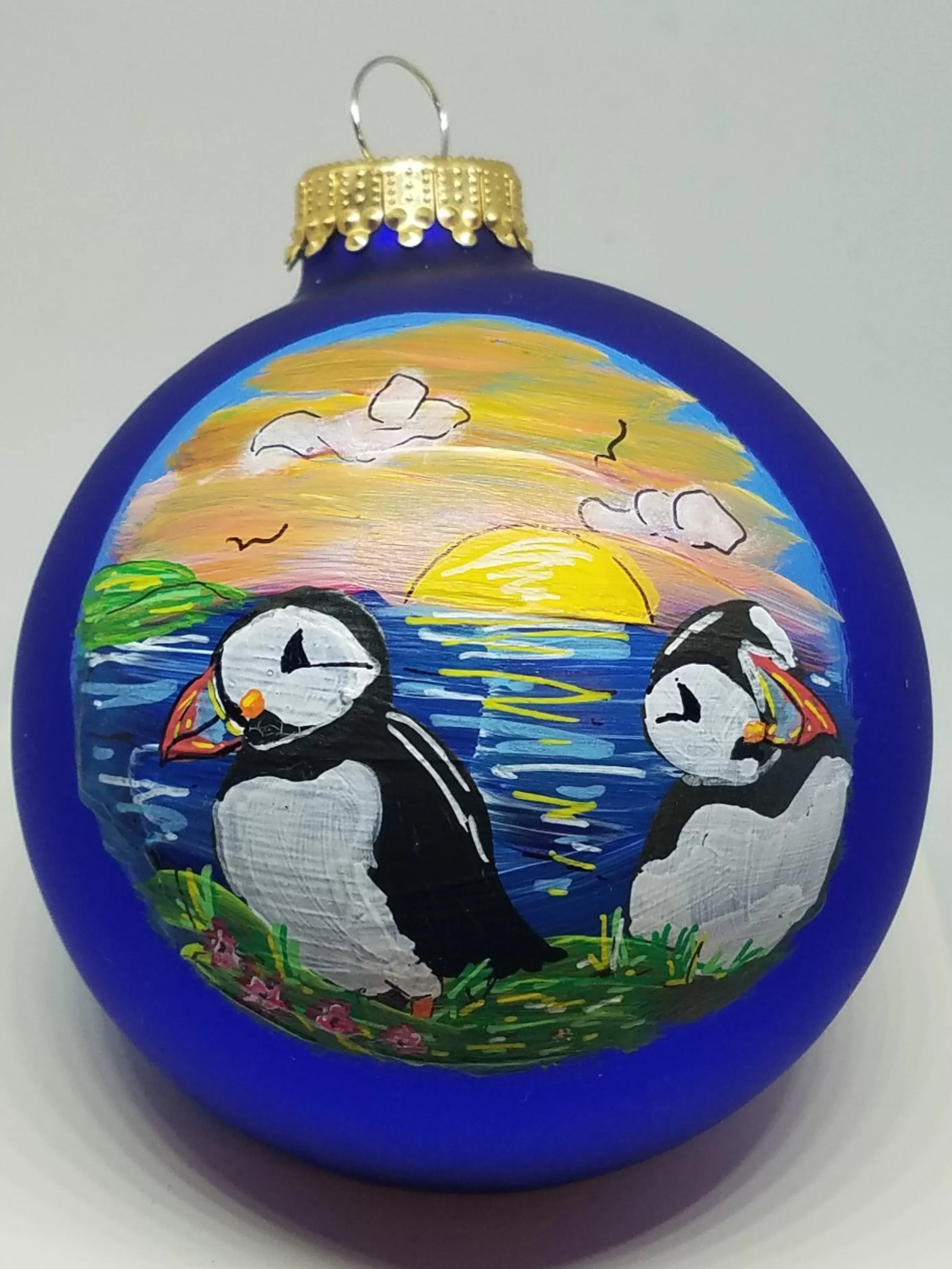 Christmas Vacation Ornaments<Puffins On Coast Painted Glass Ornament