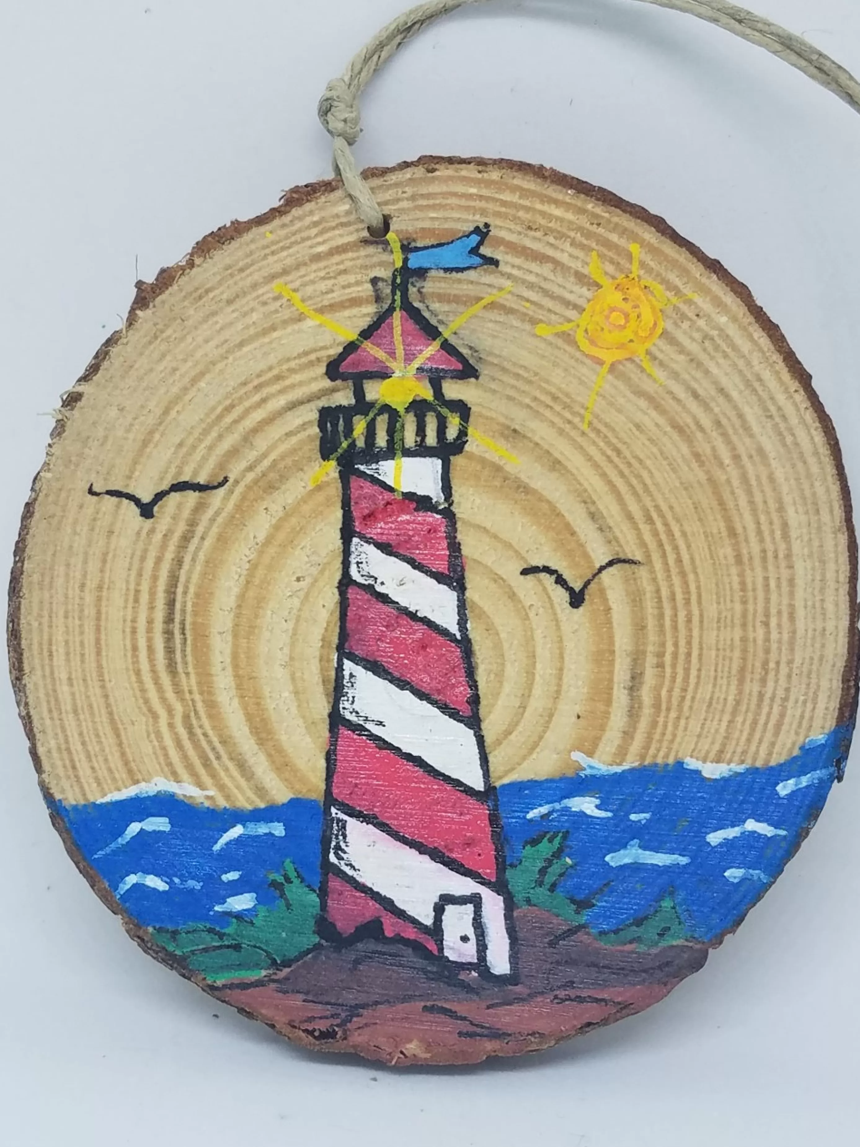 Christmas Vacation Ornaments<Red And White Striped Lighthouse On Wood Ornament